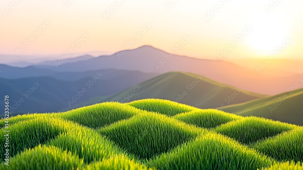 Serene sunset over rolling green hills and distant mountains