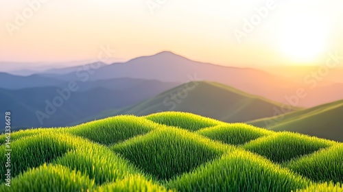 Obraz na płótnie Serene sunset over rolling green hills and distant mountains w salonie