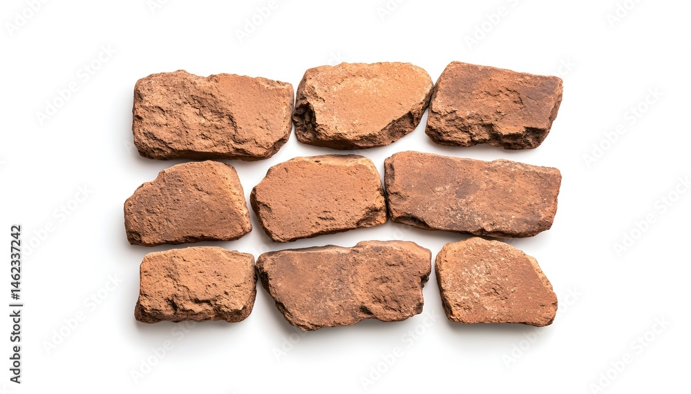Ten reddish-brown, rough-hewn stone tiles arranged in three rows