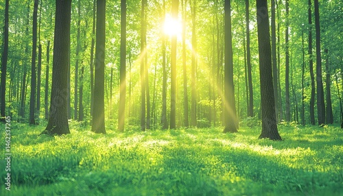 Obraz na płótnie Sunlit forest scene with tall trees and lush green undergrowth w salonie