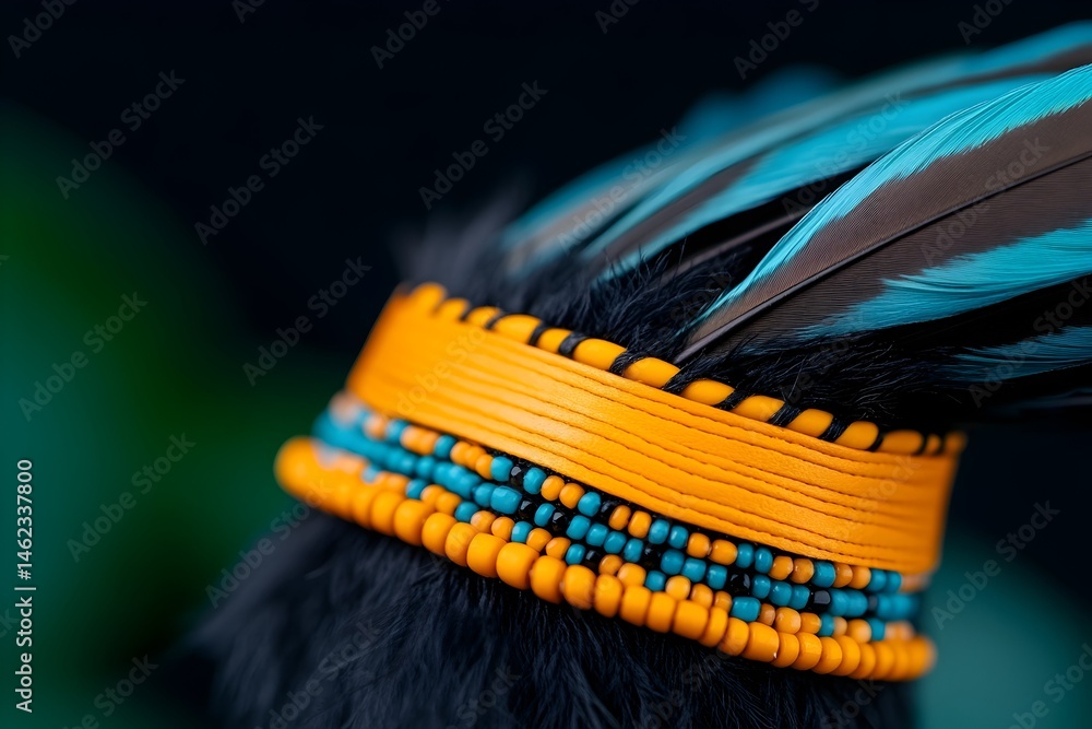 Vibrant headdress detail orange band, turquoise beads, and blue-black feathers