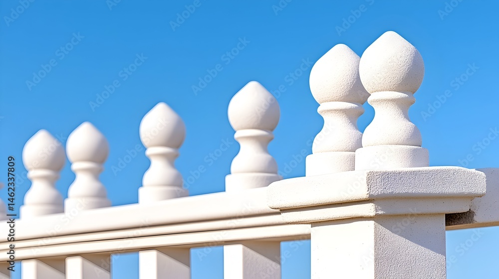 White fence with decorative finials against a clear blue sky