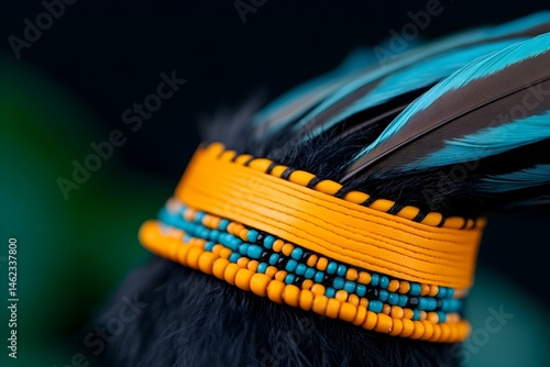 Obraz na płótnie Vibrant headdress detail orange band, turquoise beads, and blue-black feathers w salonie