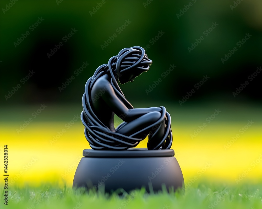 A black figurine sits, bound by its own form, on a small, round base, outdoors on grass