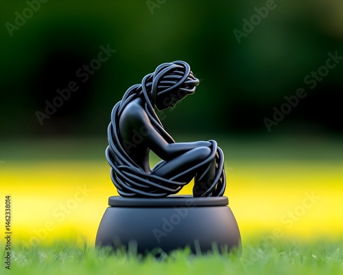Obraz na płótnie A black figurine sits, bound by its own form, on a small, round base, outdoors on grass w salonie