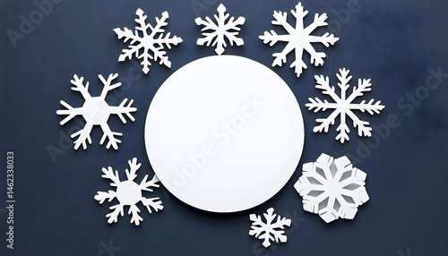 White snowflakes surround a blank circle on a dark blue background.  Perfect for winter or holiday designs