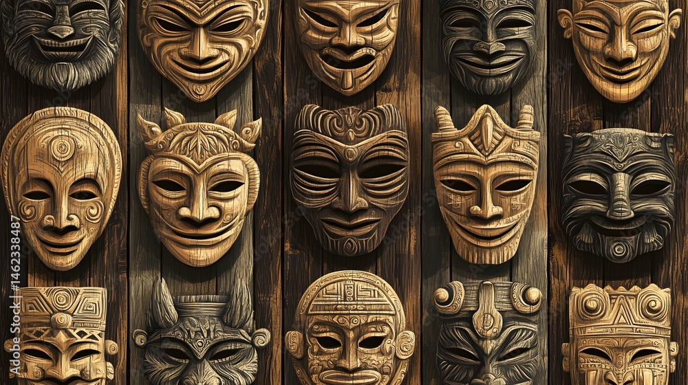 A collection of intricate, wooden masks adorning a rustic wall. A collection of intricate, wooden masks adorning a rustic wall.