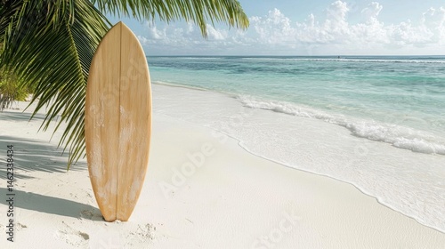 Beautiful beach scene with a wooden surfboard leaning against a palm tree on the left side of the image. the surfboard is light brown in color and appears to be made of wood.