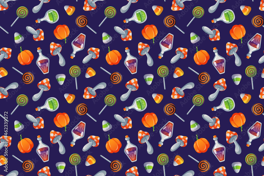 Seamless Halloween pattern with pumpkin, mushroom, candy, lollipop and magic potions on a dark background in cartoon. Ideal for seasonal design, party decor and festive packaging. Seamless Halloween pattern with pumpkin, mushroom, candy, lollipop and magic potions on a dark background in cartoon. Ideal for seasonal design, party decor and festive packaging.