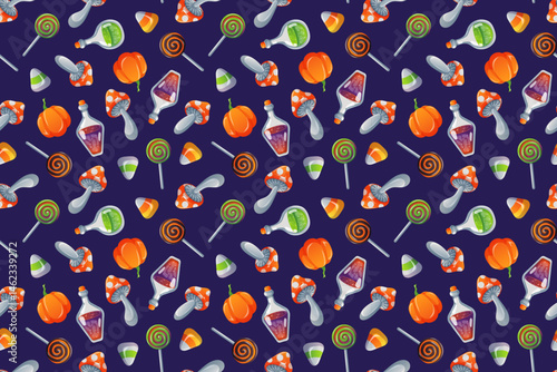 Seamless Halloween pattern with pumpkin, mushroom, candy, lollipop and magic potions on a dark background in cartoon. Ideal for seasonal design, party decor and festive packaging.