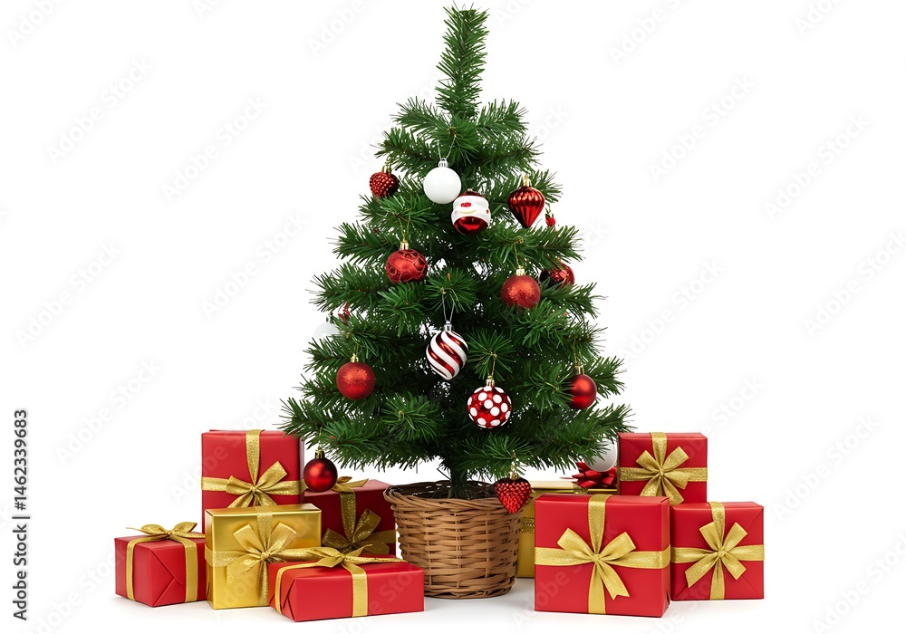 A christmas tree decorated with red and white ornaments surrounded by wrapped presents on white background A christmas tree decorated with red and white ornaments surrounded by wrapped presents on white background