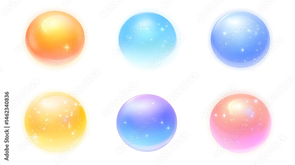 Obraz premium Six Glowing Crystal Balls Set Sparkle Light