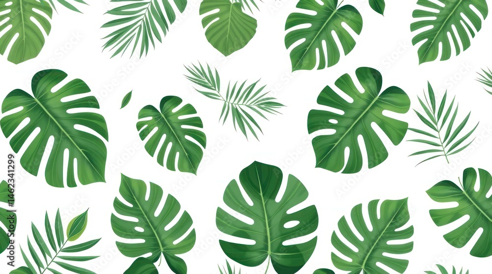 Tropical foliage pattern on a white background. Lush, vibrant green leaves of various tropical plants, including monstera, palm, and fern, create a seamless design. Tropical foliage pattern on a white background. Lush, vibrant green leaves of various tropical plants, including monstera, palm, and fern, create a seamless design.