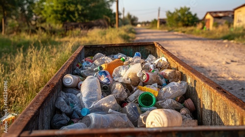 A Close-Up View of Overfilled Dumpster Overflowing with Plastic Waste on a Rural Roadway Surrounded by Nature and Abandoned Structures