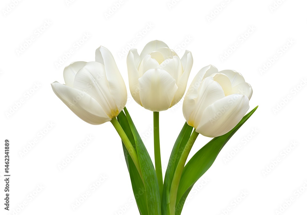 Fototapeta premium Three white tulips with green stems and leaves isolated on a white background in a close up view