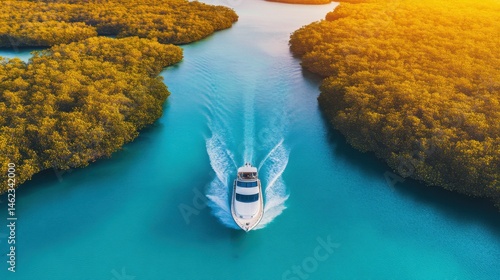 Saudi Arabia- Jazan Province- Aerial view of boat sailing through mangrove forest in Farasan Islands archipelago background