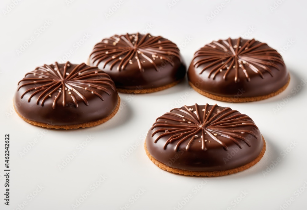Four chocolate-covered cookies arranged on a white surface Four chocolate-covered cookies arranged on a white surface