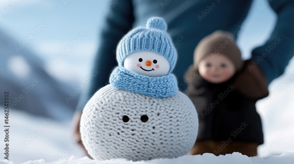 Obraz premium Snowy snowman, child, winter scene