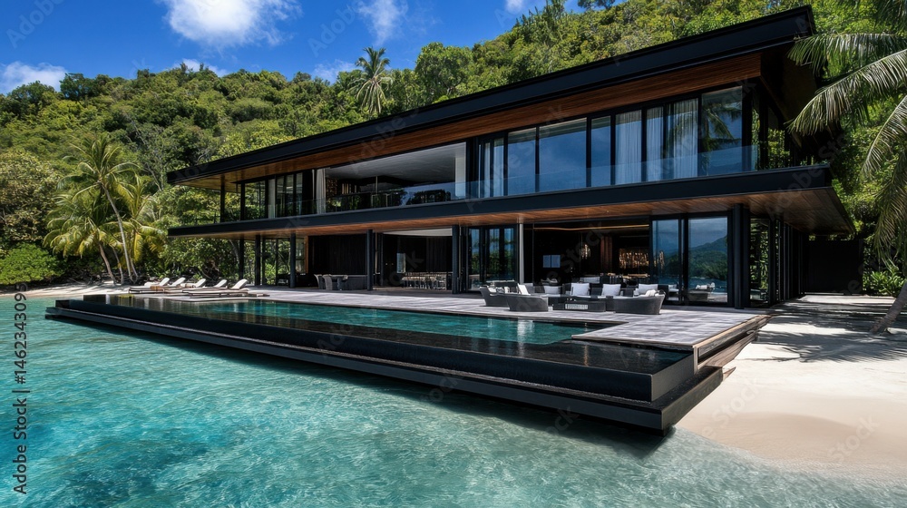 Fototapeta premium A luxurious overwater villa surrounded by turquoise ocean waters
