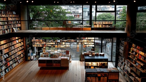 A cozy bookshop with eclectic furniture and warm lighting