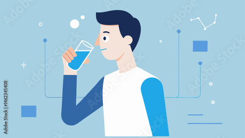 Hydration Focus An image of a biohacker drinking a glass of water while a hydration chart shows the importance of water intake on viscosity and overall health.