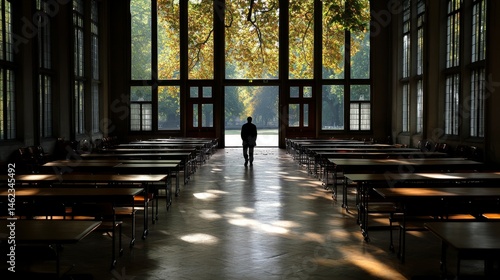 A thoughtful moment of a graduate reflecting in an empty classroom.