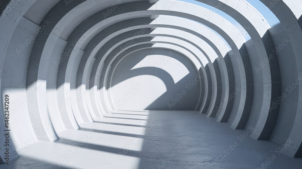 Fototapeta premium Concrete Arches Tunnel with Sunlight and Shadows Creating a Mini