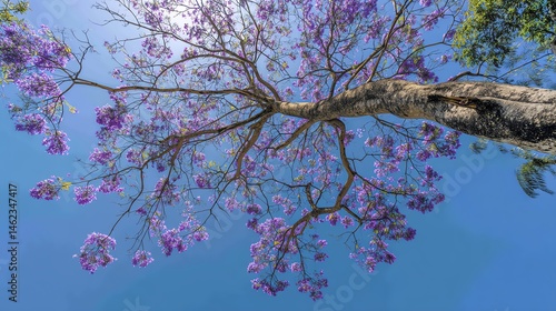 Blooming jacaranda tree with purple flowers against a clear blue sky.