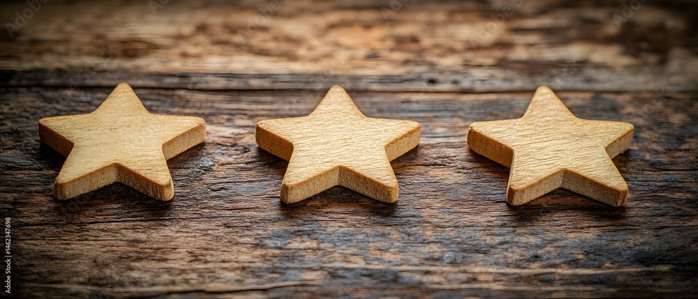 Three Wooden Stars on Rustic Wood Background Three Wooden Stars on Rustic Wood Background