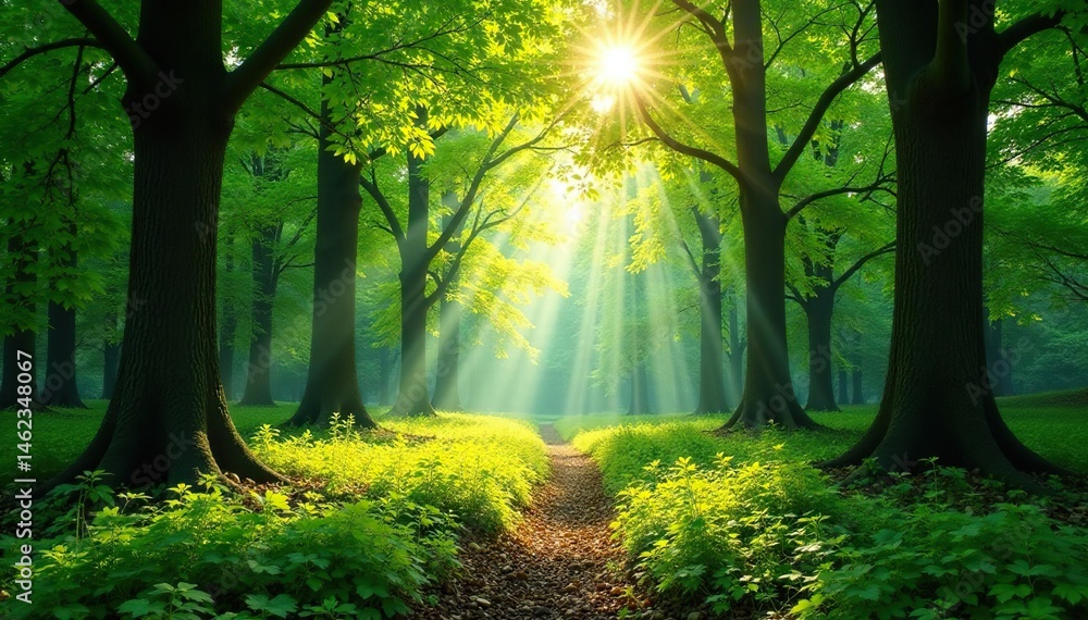 Obraz premium Sun-dappled beech forest floor, lush green canopy, majestic, magical, mystical