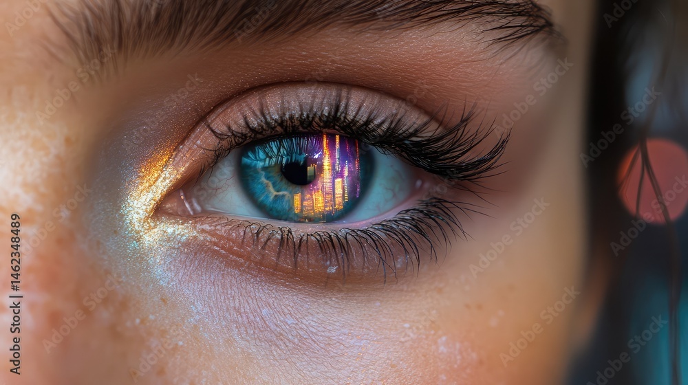 Obraz premium Captivating Close-Up of a Human Eye Reflecting a Colorful Cityscape with Unique Textures and Vivid Hues, Showcasing Intricacies of Nature and Urban Artwork