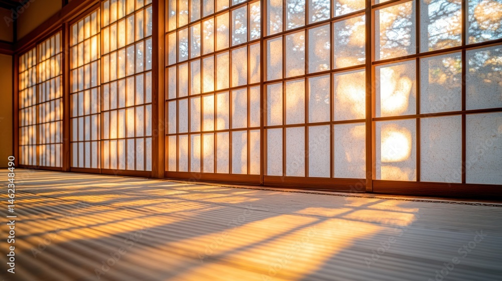 Golden sunlight streams through traditional Japanese shoji screens Golden sunlight streams through traditional Japanese shoji screens