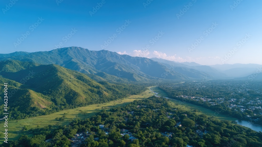 Naklejka premium aerial view from drone shows vibrant landscapes of asia blending cities and nature