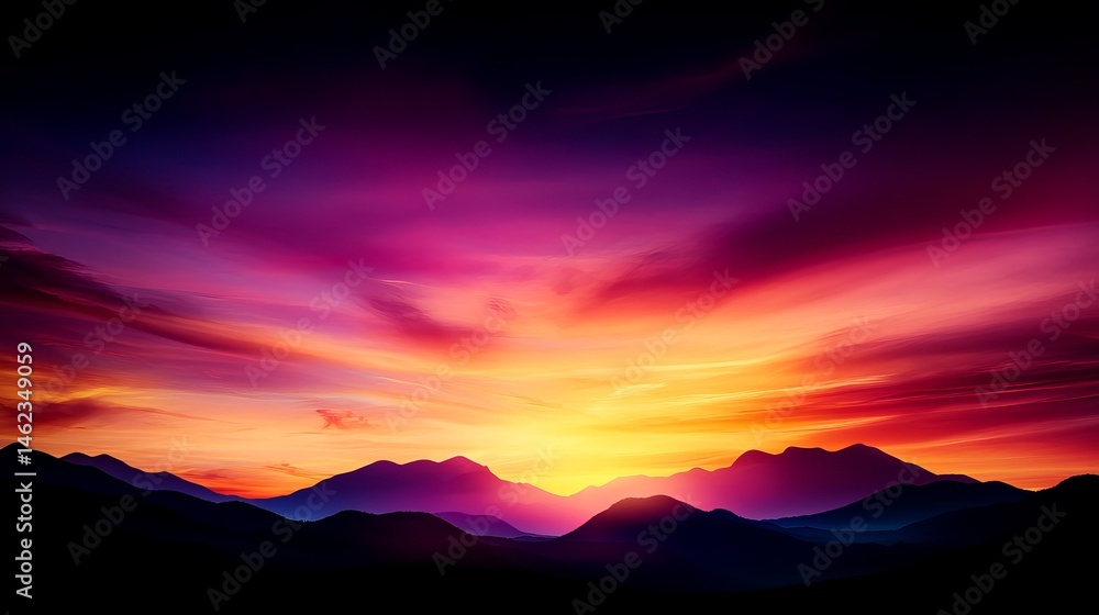 Obraz premium Mountain silhouettes are visible against a vibrant sunset sky with hues of orange, pink, and purple clouds.
