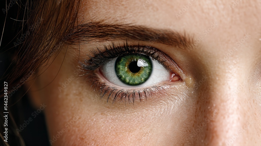 Obraz premium Close-up of a woman's expressive green eye with detailed eyelashes