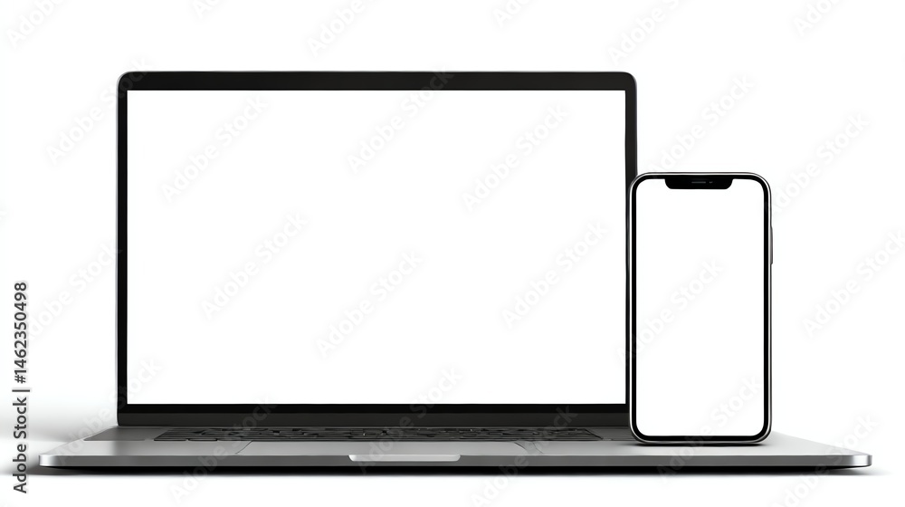 Laptop and smartphone mockup on white isolated background.