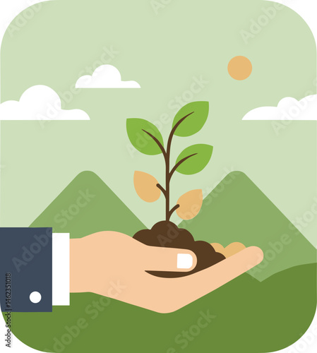 Save the Nature Ecology Hand Holding Young Plant Growing Background Mountains  