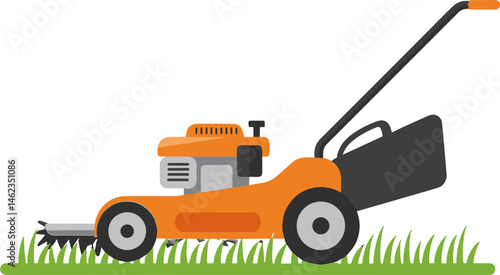 Lawn Mower in Action Cutting Grass Against White Background  