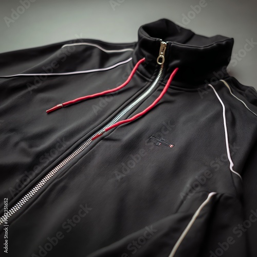 Obraz na płótnie Black athletic jacket with red zipper and detailing, isolated on a gray background. w salonie