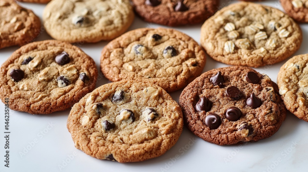 Assorted chocolate chip cookie variety closeup on white surface Assorted chocolate chip cookie variety closeup on white surface