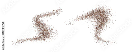 Coffee powder chocolate cocoa dust brown sandy background. Cacao bean particles swirl and splash in realistic motion. Ground cinnamon and sugar scatter in fresh spiral wave design.
