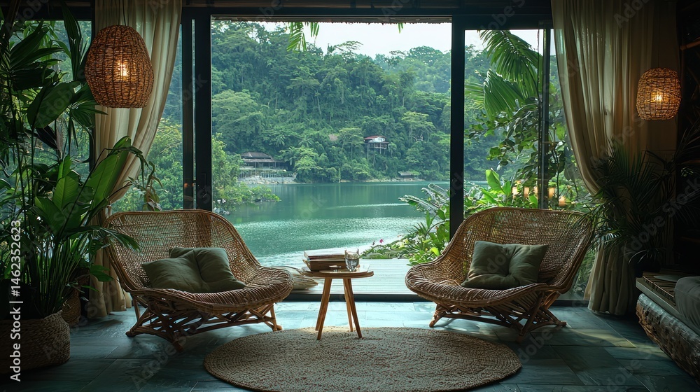 Fototapeta premium Tranquil lakefront living room. Lush greenery and water views