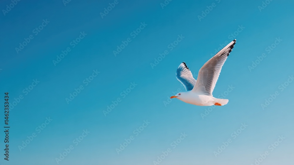 Obraz premium capture serene moment of single bird gliding across clear blue sky its wings gracefully extended against backdrop of