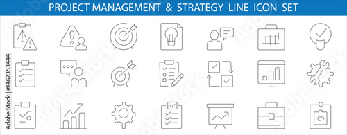 Line icon set for project management & strategy, covering task tracking, goal setting, analysis, growth, and teamwork, ideal for business designs.