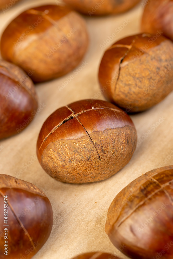 Obraz premium preparation by cutting the shells of edible chestnut nuts for baking, closeup