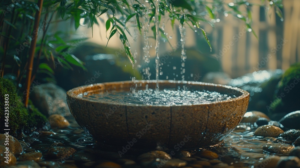 Tranquil water feature cascading into a bowl. Lush greenery surrounds a shallow, stone bowl, with water flowing down from above. Peaceful and serene Tranquil water feature cascading into a bowl. Lush greenery surrounds a shallow, stone bowl, with water flowing down from above. Peaceful and serene