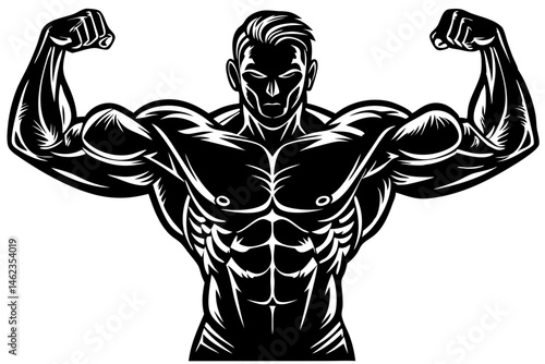 Black silhouette of muscular man flexing biceps on white background design, man, silhouette, muscular, biceps, flexing, arms, raised, strong, bodybuilder, fitness, exercise, gym, health, workout