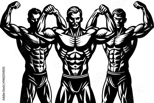 Silhouette of three men flexing biceps with transparent background design, silhouette, men, flexing, biceps, muscles, strong, gym, fitness, workout, bodybuilder, weightlifting, exercise, health, power