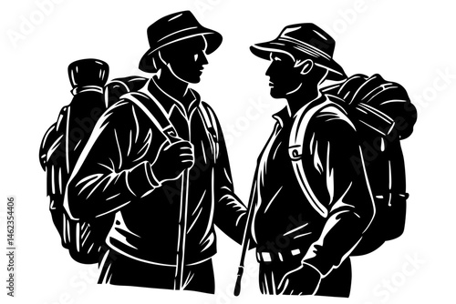 Two hikers silhouette standing face to face on white background vector, hiker, hikers, hiking, trekking, silhouette, standing, face to face, backpack, mountain, outdoor, adventure, travel, walking