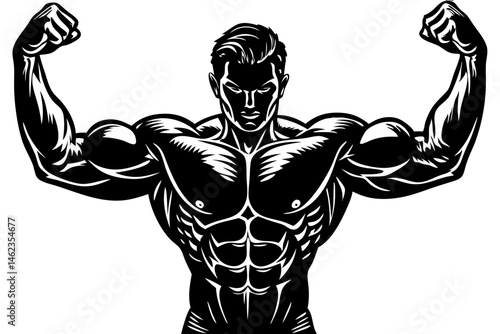 Silhouette vector art of man flexing his biceps with arms raised, silhouette, vector, man, flexing, biceps, arms raised, fitness, bodybuilding, muscular, bodybuilder, strength, gym, workout, exercise